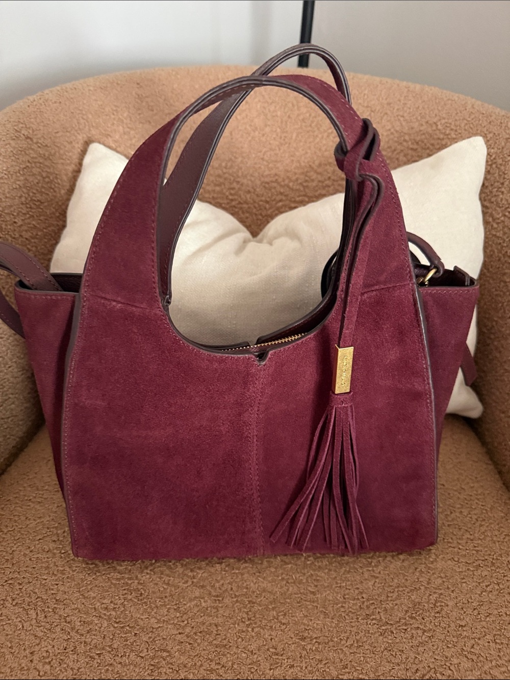 Vince Camuto Suede Tassel Shoulder Bag in Wine